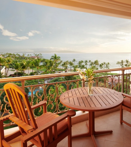 The ocean, below a balcony of a Grand Wailea hotel room