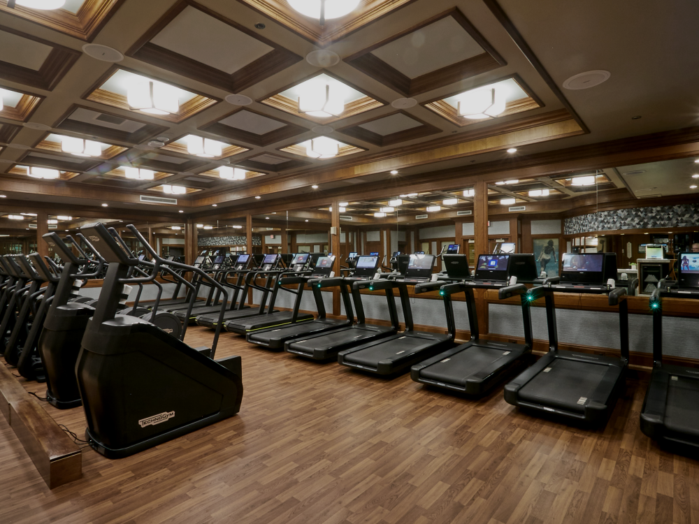 A gym with treadmills and stair climbing machines besides eachother 
