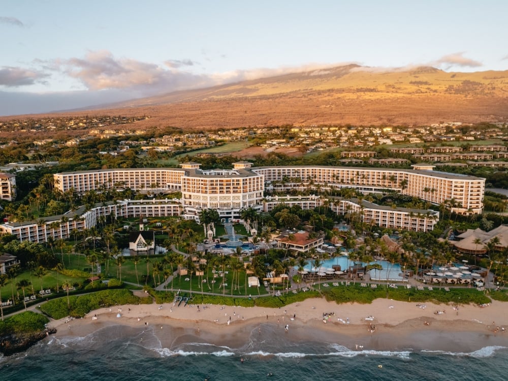 An aerial view of the resort from the coastline