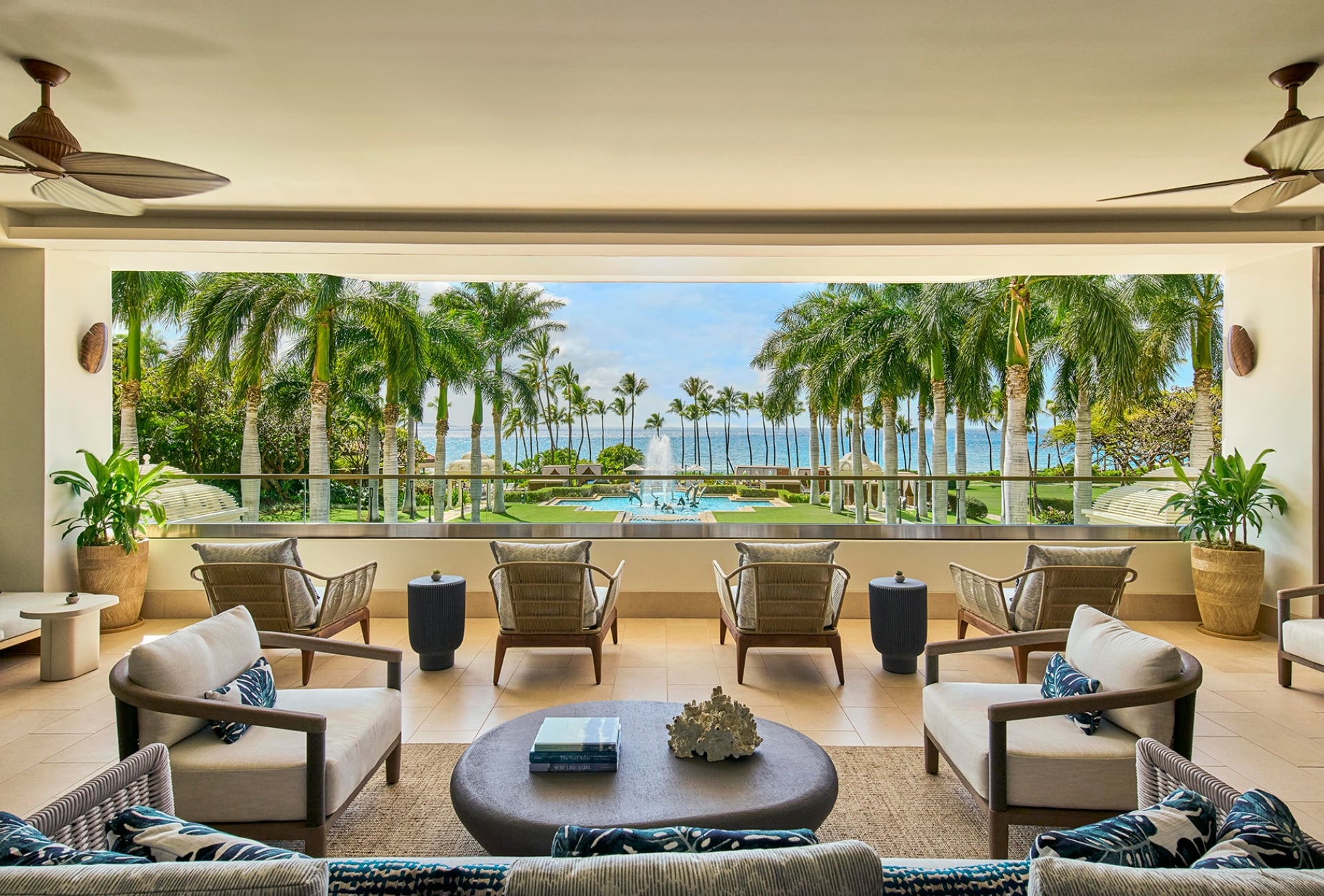 the lounge looking out onto the trees and ocean